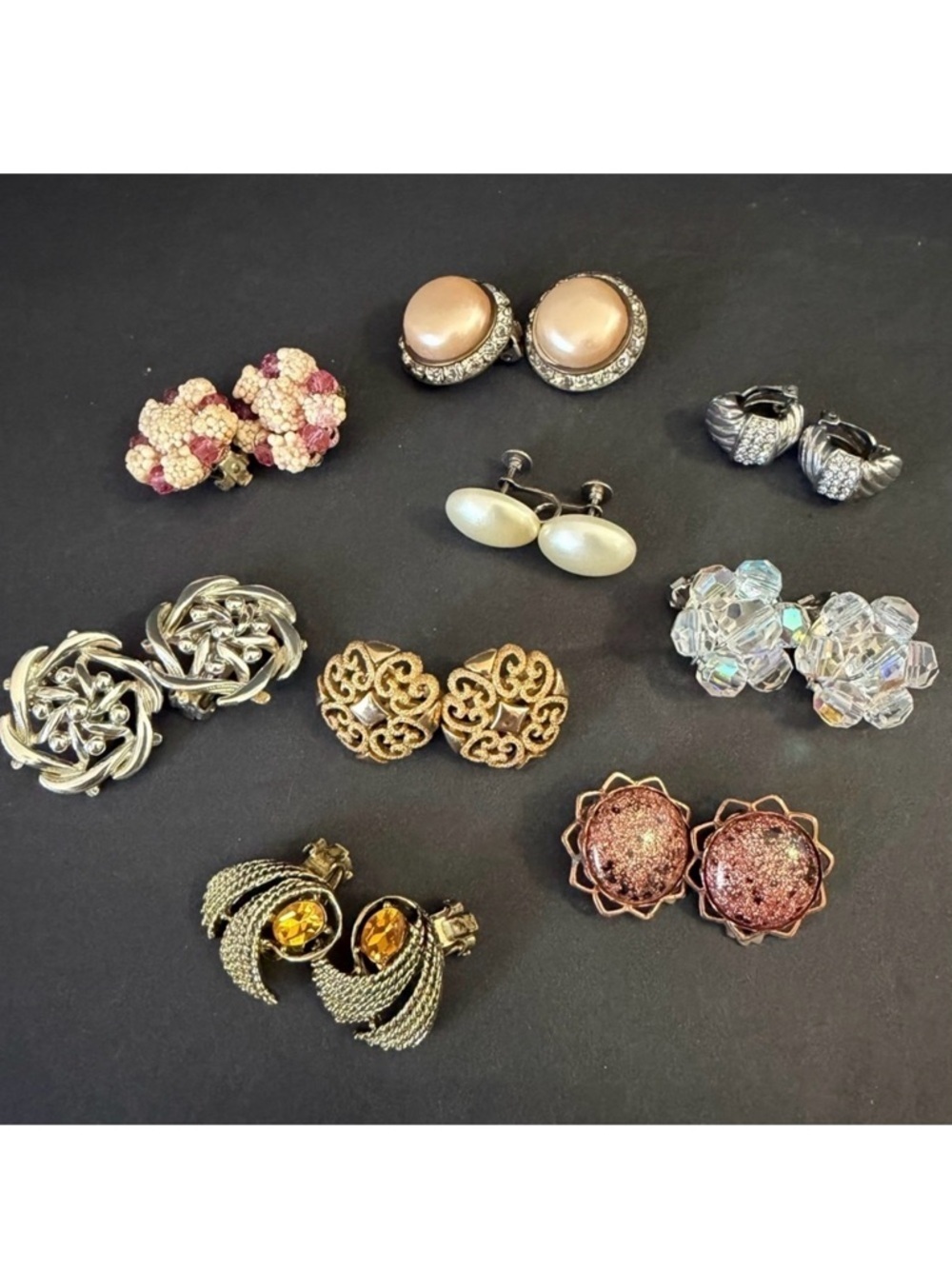 Vintage MCM Beaded Glam Lot Earrings Clip Screw Back Silver Gold Stone 9x